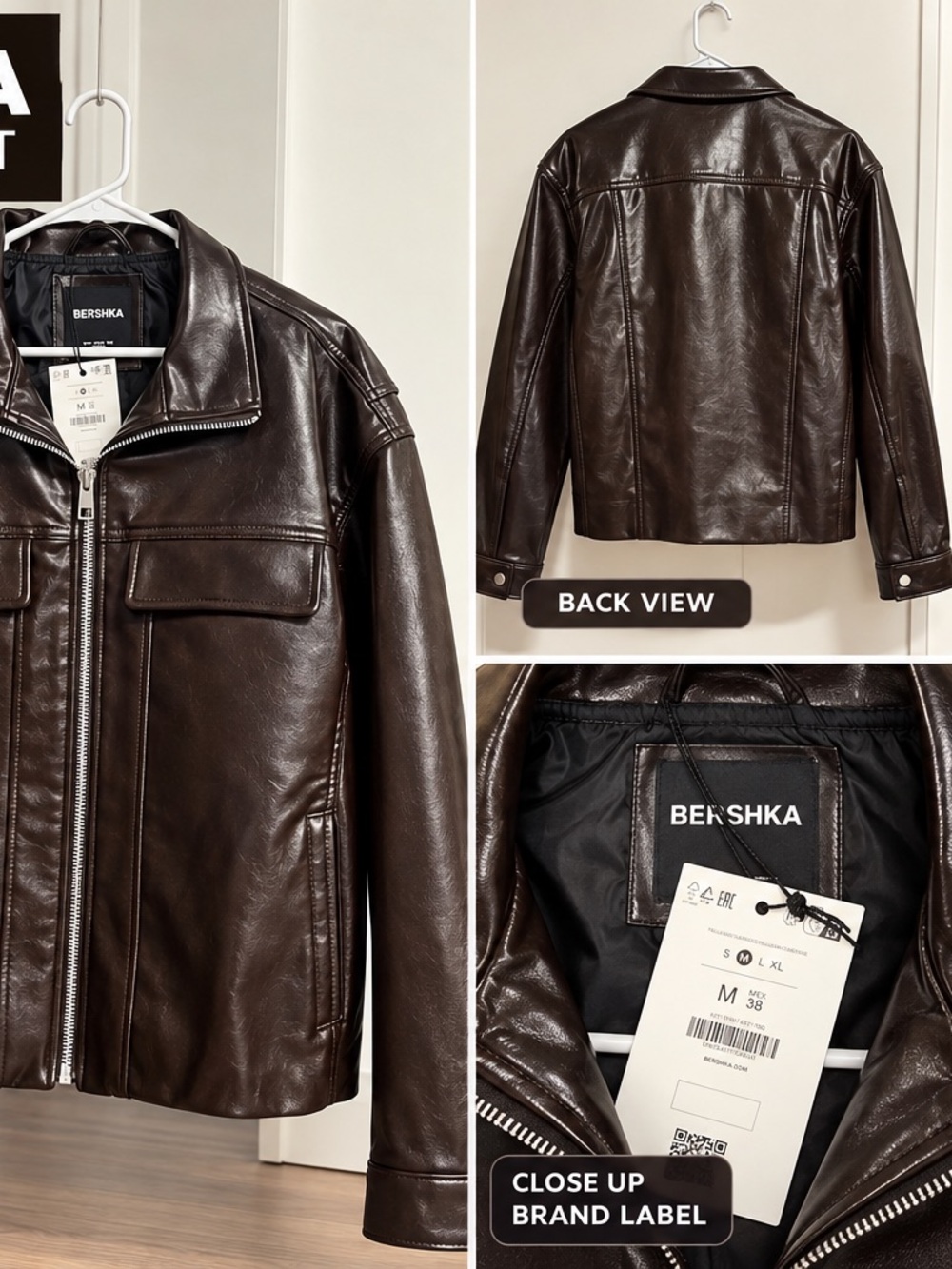 Bershka Men’s Dark Brown Faux Leather Bomber Jacket